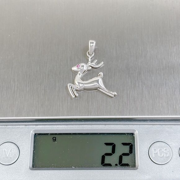 Lab Created Ruby Christmas Reindeer Pendant | Vintage Sterling Silver 925 - Picture 6 of 6